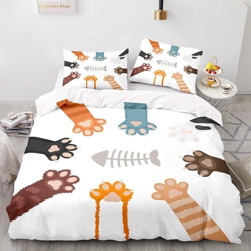 猫の手ダブル布団セット3点セット、3Dプリント ジッパー付きマイクロファイバー寝具セット、掛け布団カバー 1 枚190*210cm、枕カバー 2 枚43*63cm、洋風と和風に適しており、手触りが柔らかく、通気性に優れ、オールシーズンに適しており、洗濯可能