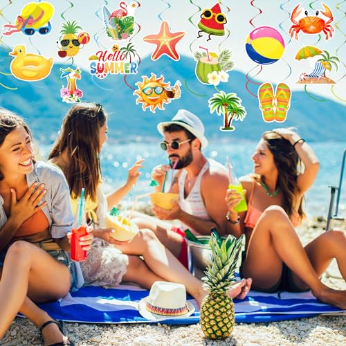 Image of 35Pcs Summer Pool Beach Hanging Swirl Decor, Hello Summer Beach Party Decorations, Hawaiian Luau Themed Swirls Streamers Ceiling Supplies for Boys Girls Kids Baby Shower