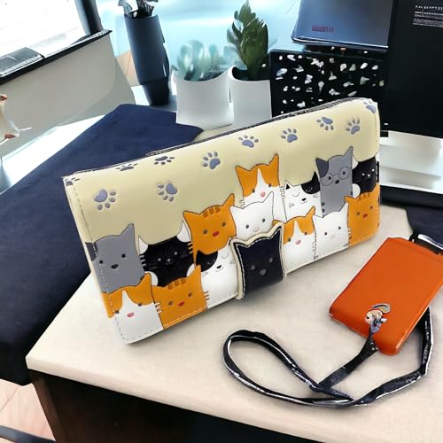 Shag Wear Kitty Cat Crowd Chic Large Animal WalletFor Women and Teen Girls Vegan Faux Leather Beige 7"3