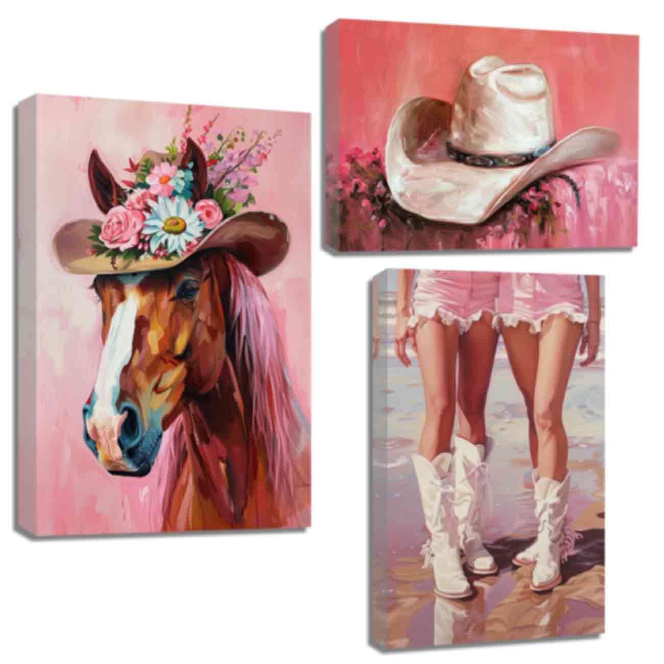 ZQQART Pink Cowgirl Canvas Wall Art Western Coastal Horse Hat Boots Poster Prints Cowboy Painting Aesthetic Poster Girls Room Wall Decor Framed (Pink,24.00"x36.00"x3)