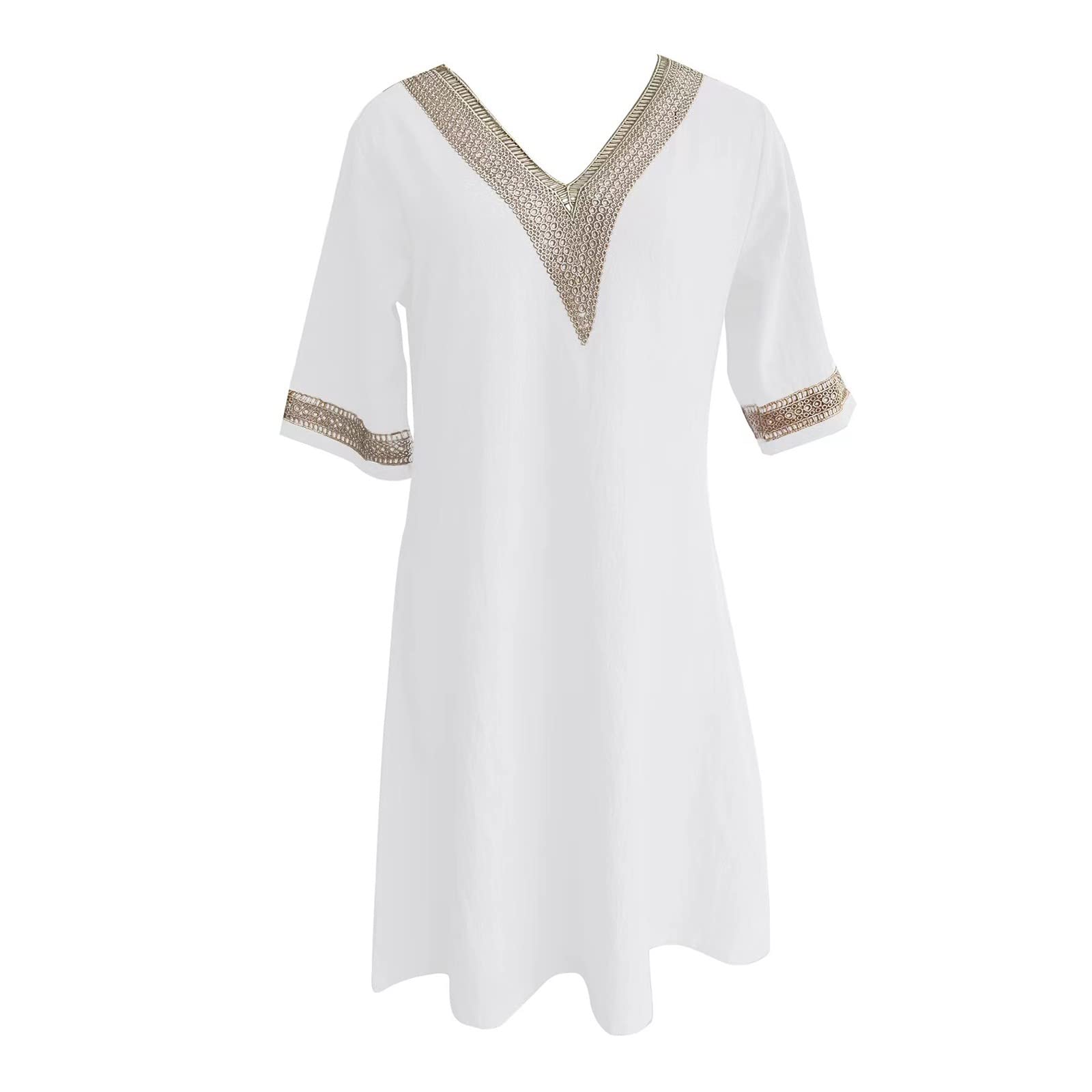 Générique Robe Lin Femme Été, Robe Mi Longue Femme Droite, Col en V en Manches Courtes Coupe Trapèze Robe De Plage Ample Rétro Robe en Lin Décontractée pour Fêter Robe De Vacances À La Plage