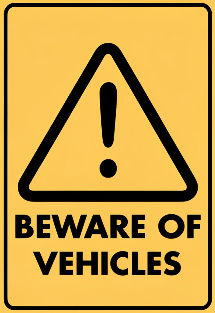 peiyeety Beware of Vehicles Tin Sign 12x8 Inch, Yellow Warning Safety Metal Sign with Exclamation Triangle, Durable Wall Decor for Driveway, Garage, Parking Area, Workshop, Outdoor/Indoor