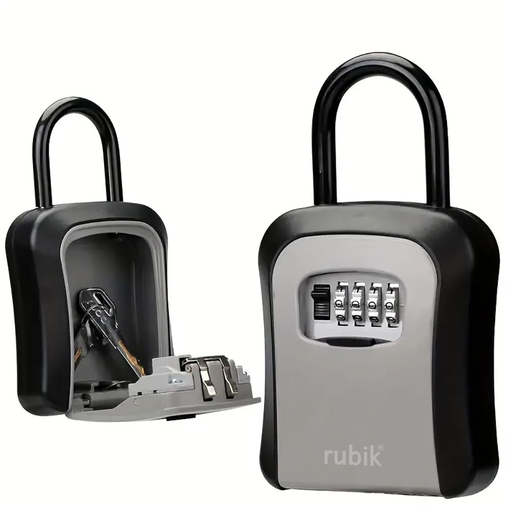 Rubik Padlock Key Storage Safe Box with 4 Digits Combination Lock & Removable Shackle for Home Office Shop Warehouse Garage Door Handle Hang - Black/Grey