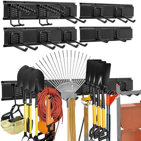 Garage Tool Organizer Wall Mount - Yard Garden Tool Organizer Heavy Duty Adjustable Garage Organizers with Adjustable Hooks & Anti-Rust Panel-64inch Tracks Max Load 800lb (04 Racks & 10 Hooks) Cover