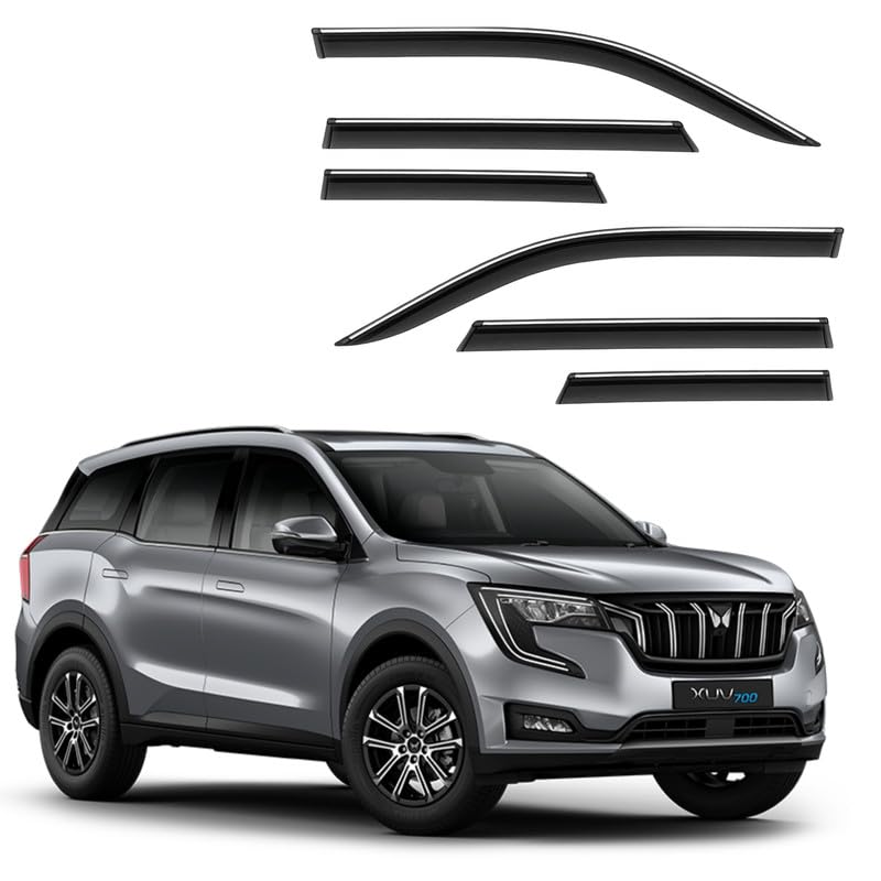 Image of CAR SAAZ Side Door Visors for XUV 700(2021-Present)(Set of 6Pcs)|Chrome Lined Rain Guards, Polycarbonate, Smoke Finish