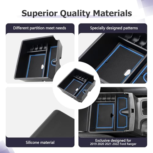 Image of LUWU Ranger Center Console Organizer for 2019 2020 2021 2022 2023 Ford Ranger XL /XLT /Lariat /Raptor Accessories Armrest Console Storage Box Glove Organizer Tray ABS Material Blue