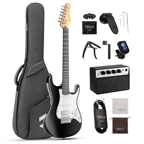 Fesley 39 Inch Electric Guitar: Beginner Electric Guitar Kit with HSS Pickup, Full Size Solid Body Guitar Starter Set with Amplifier, Bag, Strap, String, Cable, Picks, FST100, Black