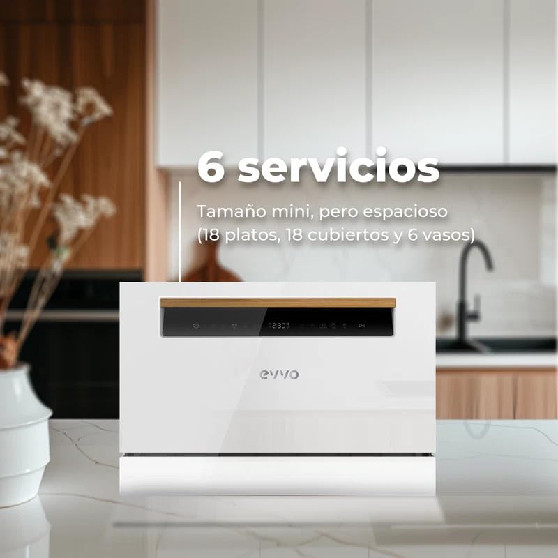 EVVO Lavavajillas Tamaño Compacto, sobremesa o encimera, 6 Servicios, 8 programas, Secado Extra, Programa ECO, Programa Autolavado, Inicio Diferido, Mini D (Blanco)