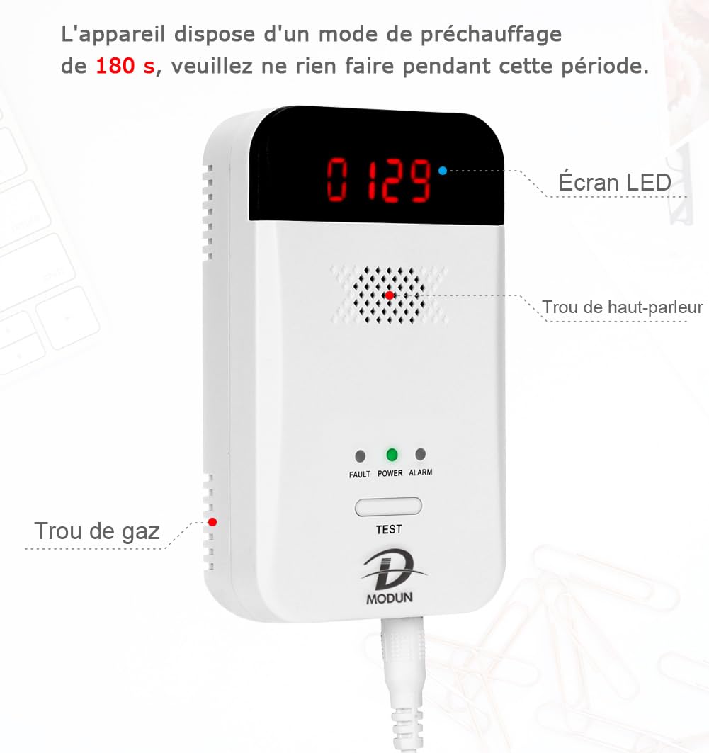 D MODUN Détecteur de gaz, Gaz naturel | GPL | Détecteur de fuite de gaz de charbon, moniteur de gaz à enfichable avec alarme sonore et affichage LED, alarme de gaz combustible méthane, propane, butane