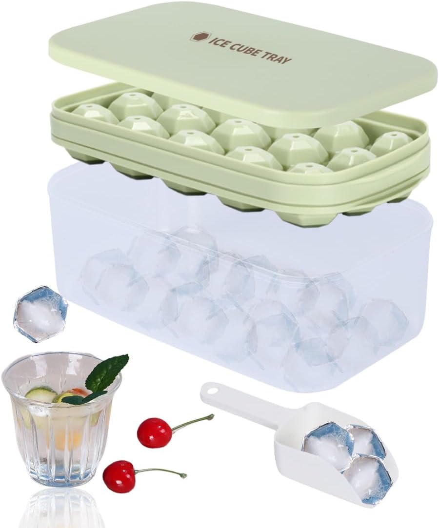 Ice Cube Tray for Freezer with Lid Bin, 1.35″ Large Hexagon Step Cut 15 pcs Ice Ball maker mold with Container Ice Scoop, Soft TPE Strong PP Material Easy to Fill & Release(Tray&Bin Green)