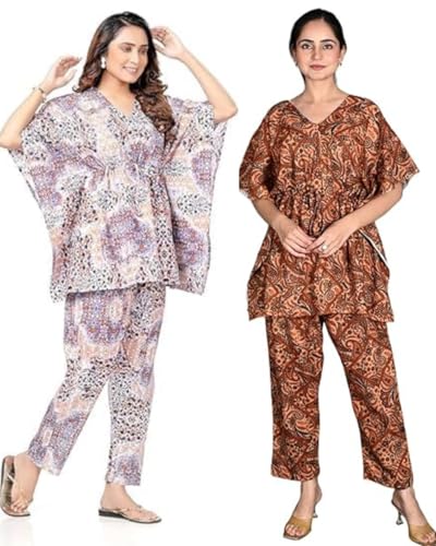 Image of Vlazom Women's 100% Cotton Printed Kaftan & Pyjama Set - Combo Pack of 2 | Free Size Nightwear with Pocket | Soft Cotton Loungewear Co-ord for Women