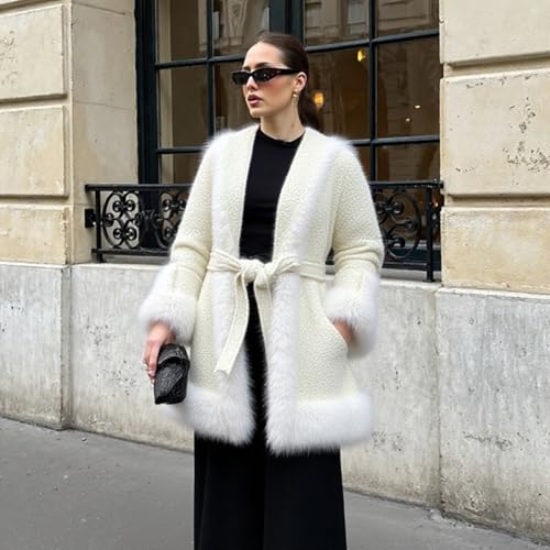 Luxury Winter Coat with Faux Fur Trim, White Wool Blend, Belted Long Length3