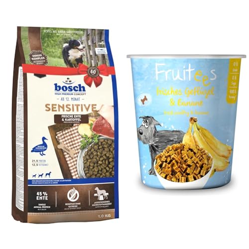 Bosch HPC Sensitive Ente & Kartoffel | Hundetrockenfutter für ernährungssensible Hunde Aller Rassen 1 x 3 kg + Bosch Fruitees frisches Geflügel & Banane 4 x 200g | ohne Getreide