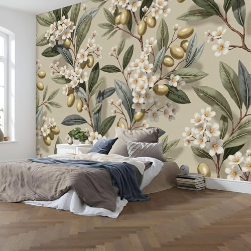 Papier peint intissé branches d'olivier citron vert olive 150x105