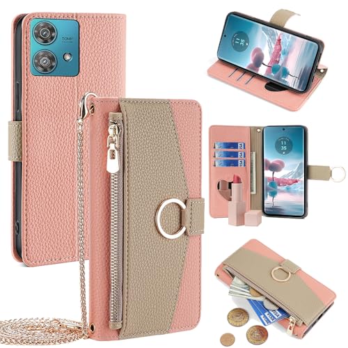 Étui portefeuille Motorola Edge 50 Ultra rose avec bandoulière et pochette