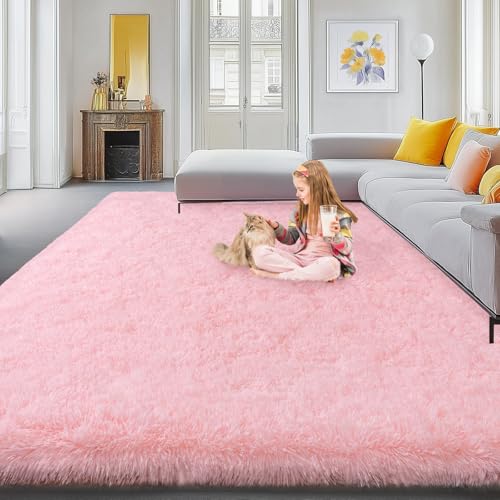 9x12 Large Area Rugs for Living Room, Soft Pink Fluffy Shag Rug for Bedroom, Non-Slip Modern Indoor Plush Shaggy Floor Carpet, Big Fuzzy Rugs for Nursery, Kids & Girls Room, Dorm, Home Decor
