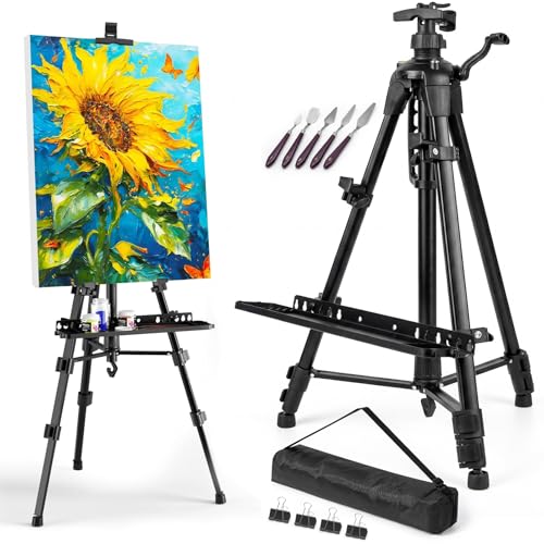 Caballete Para Pintar Y Exposición 50-157 Cm Con Manivela, Caballete Plegable De Hierro Con Bolsa 5 Espátulas De Acero, Para Acrílico, Óleo Y Acuarela Negro