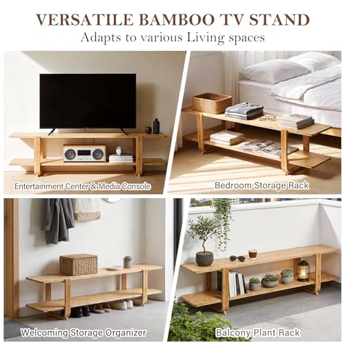 Image of Tiita Wood Bamboo TV Stand for 55-Inch TVs, 2 Open Shelves, Modern Console
