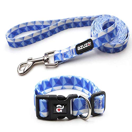 azuza Dog Collar and Leash Set, Adjustable Nylon Collar with Matching Leash, Blue Prism Dog Collar for Small Dogs
