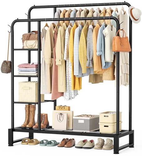 HOMIDEC Clothes Rail,Double Rail Clothes Rack with 4 Storage Shelves,Heavy Duty Metal Clothing Rail Supports to 80kg,Multifunctional Clothes Storage for Bedroom,Office,Shop(Black).