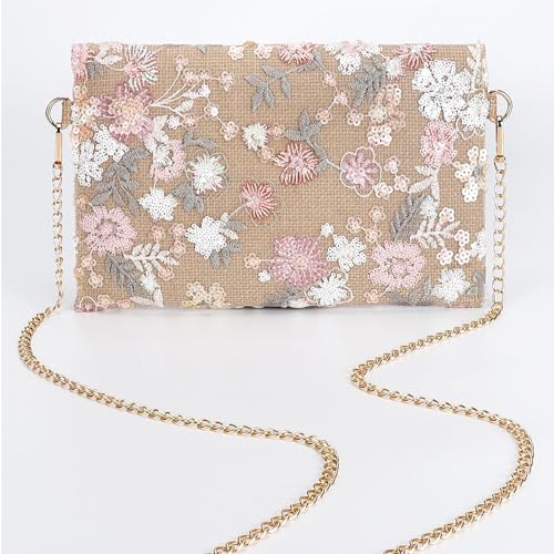 Image of Clutch Purses for Women, Envelope Package, Sequin Embroidered Flowers Straw Bag, Bohemian Handmade Handbags