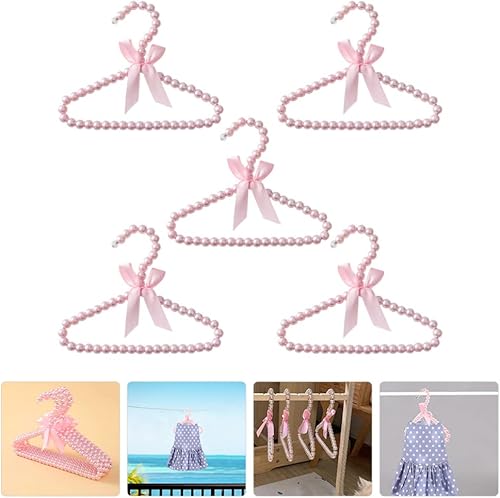 Miniatura 2 de 5 piezas de perlas rosadas pequeñas perchas de ropa con perlas de imitación con lazo de cinta para mascotas, perros, gatos, ropa de bebé,
