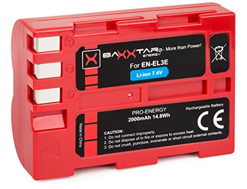 Baxxtar – Batterie pour Nikon EN-EL3e (2000 mAh) avec la Puce de l'information (dernière génération) pour Nikon D50 D70 D70S D80 D90 D100 D200 D300 D300S D700