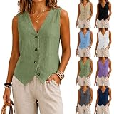 Chaleco de Algodón y Lino para Mujer, Sin Mangas, Cuello en V, Botones Frontales Chaquetas Mujer, Casual Elegante Ropa Mujer Camisetas Basicas, Ideal para Oficina y Verano, Sólido y Ajustado