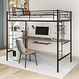 Bellemave Metal Loft Bed Studio Loft Bunk Bed Over Desk and Bookcase with 2 Ladders and Keyboard Tray,Twin Loft Bed for Dorm,Boys and Girls Teens Kids,Black,twin size