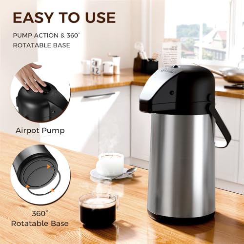 Image of Coffee Carafe for Keeping Hot - Gezoss 64OZ / 1.9L Airpot Coffee Dispenser with Pump - Large Coffee Carafe for Hot Drinks Tea Liquid - Insulated Stainless Steel Hot Water Beverage Urn for Parties
