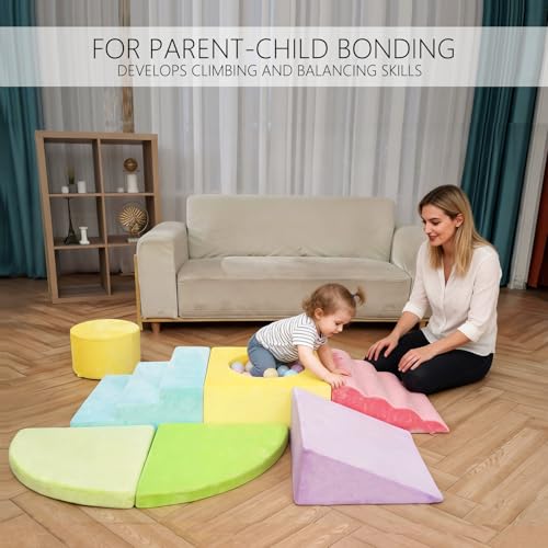 Foam Climbing Blocks Large-Scale Playset with Crawl Through Tunnel & Soft Fabric - 7+1 Piece Indoor Play Gym for Toddlers & Baby - Big Blocks Climber Toy for Crawling, Walking & Active Play (No Balls)