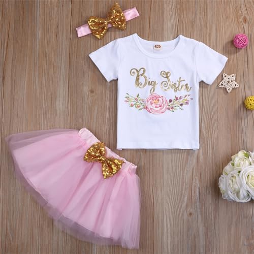Toddler Baby Kid Girls Big Sister Outfits Short Sleeve T-Shirt Top+Tutu Skirt with Headband Clothing Set2