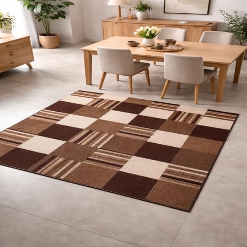 Tapis géométrique 150x150 brun et beige lavable de haute qualité - 2