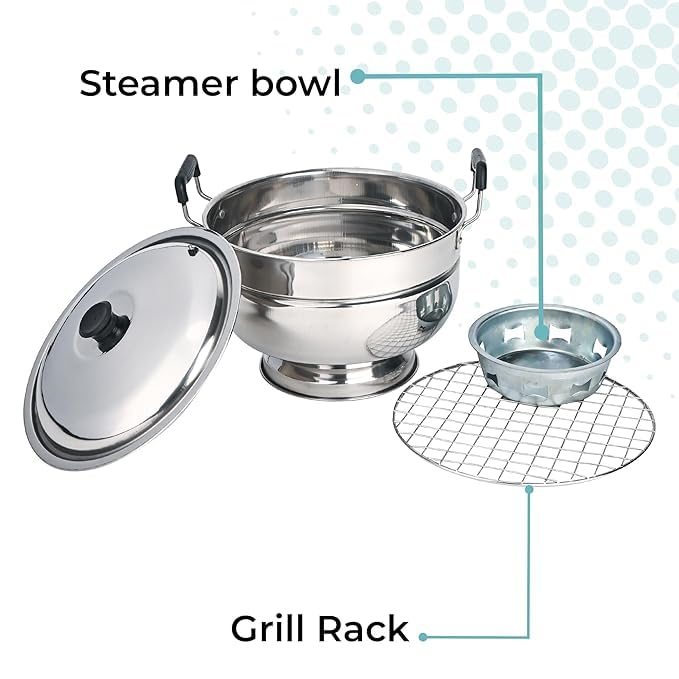 Image of Stainless Steel Bati Cooker & Gas Tandoor | with Multipurpose SS Tong | Multi-Purpose Gas Oven, Dual Riveted Handles | Roasting, Baking, Barbeque Grill | Bati, Pizza, Litti, Paneer Grill Maker
