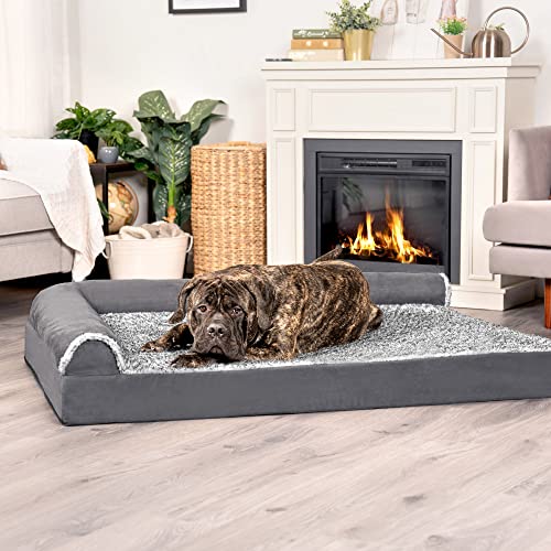 Image of Furhaven Cooling Gel Dog Bed for Large Dogs w / Removable Bolsters & Washable Cover, For Dogs Up to 125 lbs - Two-Tone Plush Faux Fur & Suede L Shaped Chaise - Stone Gray, Jumbo Plus /XXL