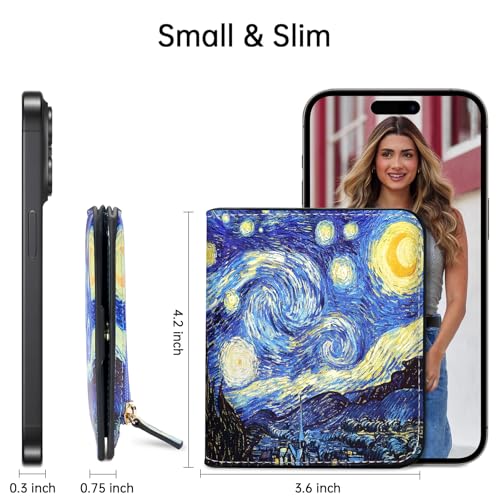 Image of Toughergun Starry Night RFID Small Wallet Women, Slim Thin Vegan Leather Bifold Wallet with Zipper Coin Pocket & ID Window, Cute Mini Credit Card Holder Gift for Women Ladies Teen Girls