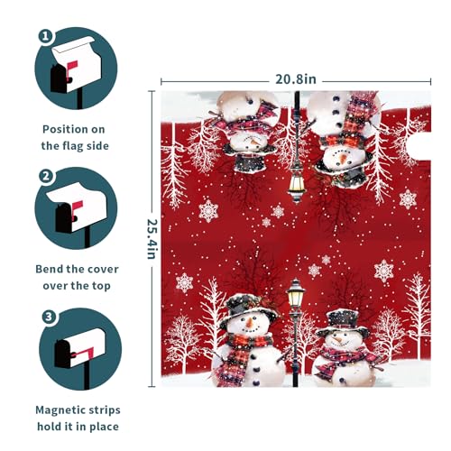 Image of Merry Christmas Red Snowman Magnetic Red Winter Outdoor Mailbox Cover - Standard Size 25.5 x 21 Inch Snowflakes Holiday Mailbox Wrap