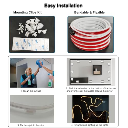 Image of LED Vanity Mirror Lights 16.4FT, Strong Adhesive Dimmable Silicone Strip Lights for Mirror, Waterproof Eye-Care Warm White 3000K Flexible Lighting for Bedroom Bathroom (Mirror NOT Included)