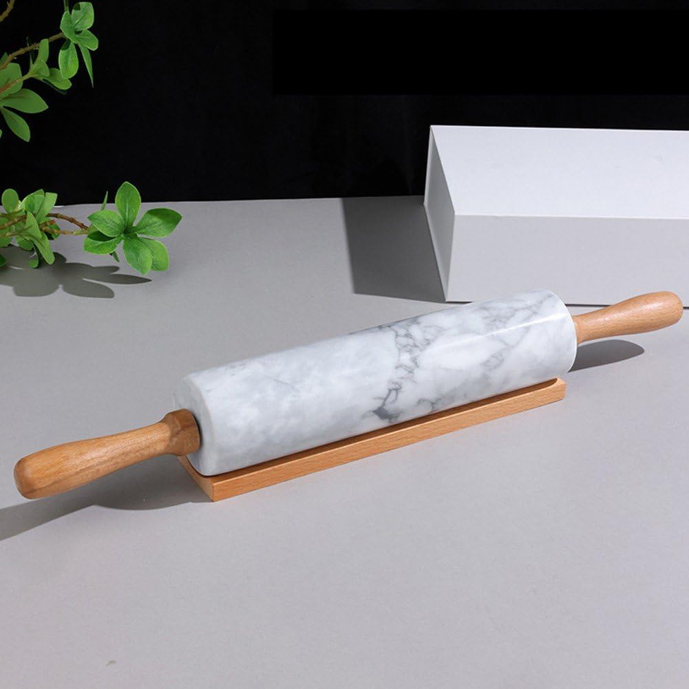 Mattarello in Marmo con Culla in Legno Manico Spesso Set per Cottura Forno, Rullo Lucido di qualità Premium 45 Cm per Impasto della Pizza, Fondente, Crosta di Torta, Superficie Antiaderente