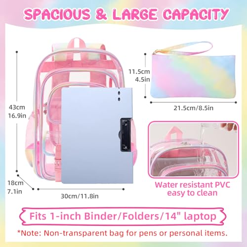 Image of Clear Backpack for School, Heavy Duty PVC Transparent Bookbag Set with Cute Accessories, Double Layer See Through Backpack for Girls Teens Adult