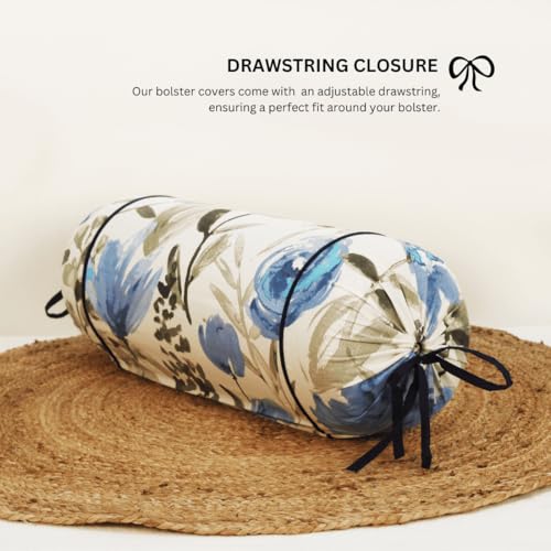 Image of AURAVE Cotton 144 TC Printed Bolster Cover with Drawstring Closure, Set of 2, Soft Breathable Durable Machine Washable for Sofa Bed & Home Decor, 15 inchx30 inch Blue | Cover Only