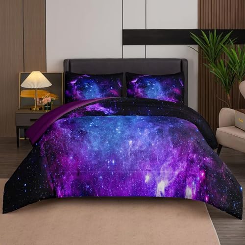 NINENINE Galaxy Comforter Sets Space Bedding 5PCS Queen Size Comforter Sets for Girls Purple Bedding Set(1Comforter, 1Flat Sheet, 1Fitted Sheet, 2Pillowcases)…