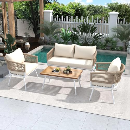 Image of 4 Seater Outdoor Rope Sofa Set | Modern Patio Furniture with All-Weather Woven Rope | Stylish & Comfortable Garden Lounge Seating (Beige)