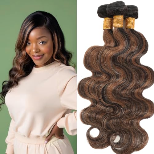Dokksiiia Two Tone Light Brown Bundles P1B/30 Highlight Body Wave Human Hair Bundles 1B and 30 Color Blend Double Weft Brazilian Human Hair Extensions 10 12 14 Inch for Black Women