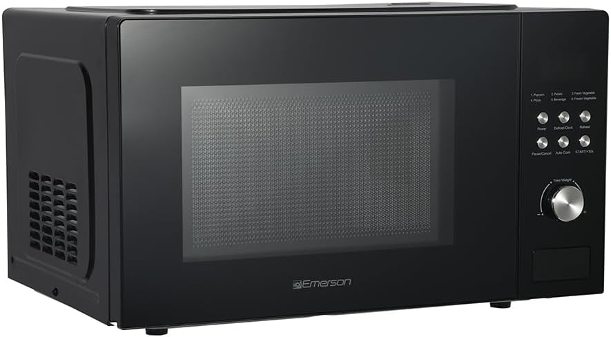 Emerson MW1101W Countertop Microwave Oven with Button Control, LED Display 1000W, 10 Power Levels, 6 Auto Menus, Glass Turntable and Child Safe Lock, 1.1 Cu. Ft., White