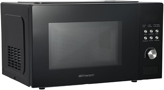 Emerson MW1101B-A Countertop Microwave Oven with Button Control, LED Display 1000W, 10 Power Levels, 6 Auto Menus, Glass Turntable and Child Safe Lock, 1.1 Cu. Ft., Black