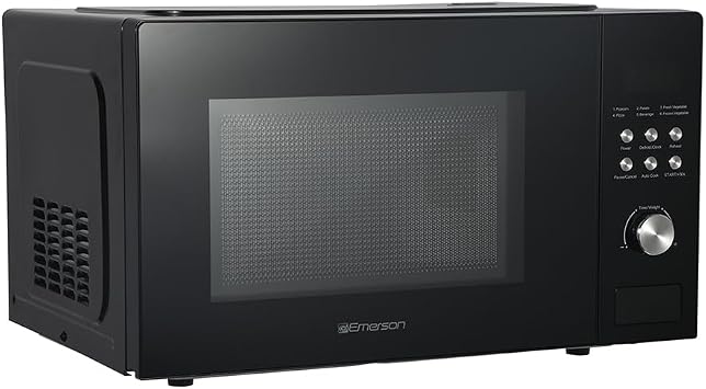 Emerson MW1101B-A Countertop Microwave Oven with Button Control, LED Display 1000W, 10 Power Levels, 6 Auto Menus, Glass Turntable and Child Safe Lock, 1.1 Cu. Ft., Black