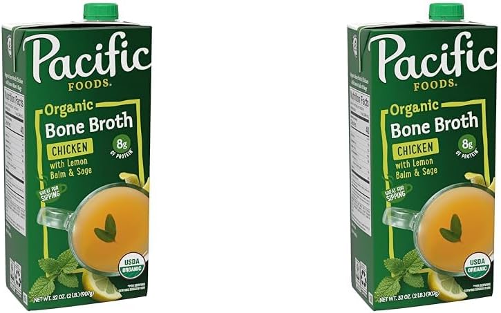 Pacific Foods Organic Chicken Bone Broth with Lemon Balm and Sage, 32 OZ Carton (Pack of 2)