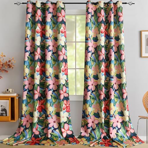 Luvyohmee Pink Floral Blackout Curtains 120 Inch Length Light Blocking High Ceiling Window Thermal Insulation, Extra Long Colorful Patterned Flower Drapes with Tiebacks 2 Panels 10Ft Grommet 52Wx120L - image 1