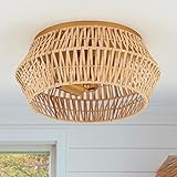 MhyTogn Natural Rattan Flush Mount Ceiling Light Fixture Farmhouse Antique Brass Brush Paint Finish